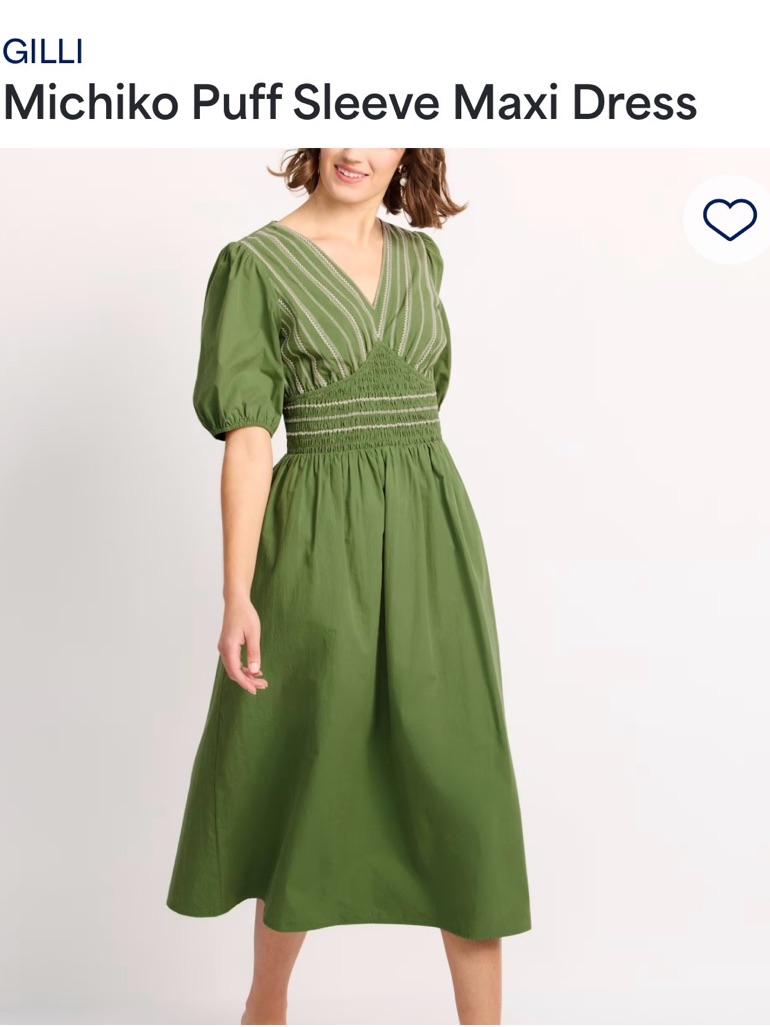 Gilli Olive Green Puff Sleeve Maxi Dress With White Stitching